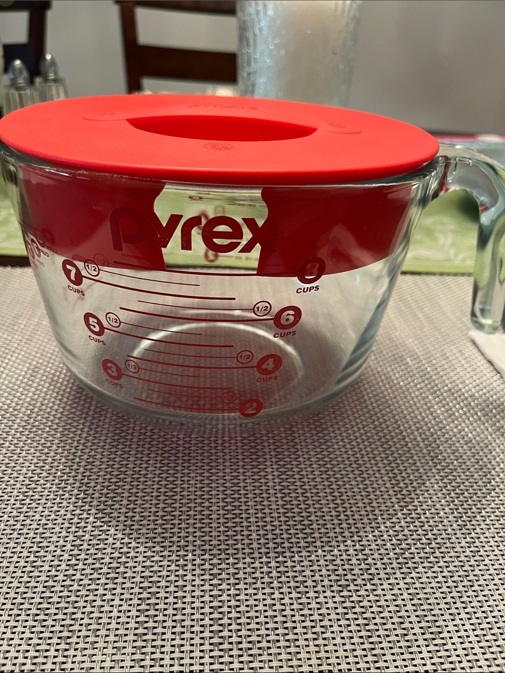 Pyrex Clear Glass Measuring Bowl with Red Lid and Red Markings